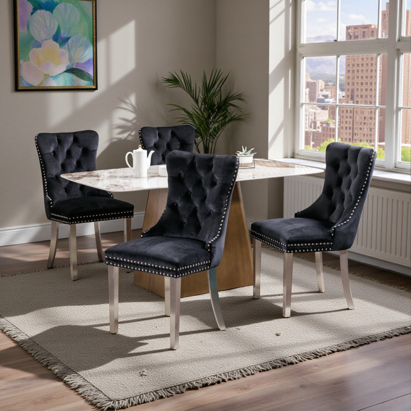 Chaises de salle à manger capitonnées en velours à oreilles, Noir, Nickel brossé