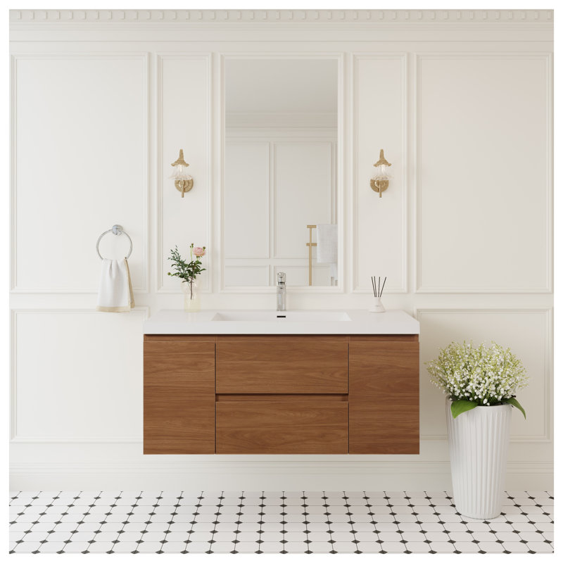 Meuble-lavabo mural de 48 po avec comptoir en surface solide, armoire en bois de noyer doré miel avec tiroirs à fermeture douce