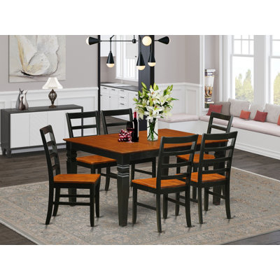 7 Piece Kitchen Table & Chairs Set Consist of a Rectangle Dining Room Table with Butterfly Leaf and 6 Solid Wood Seat Chairs, Black & Cherry