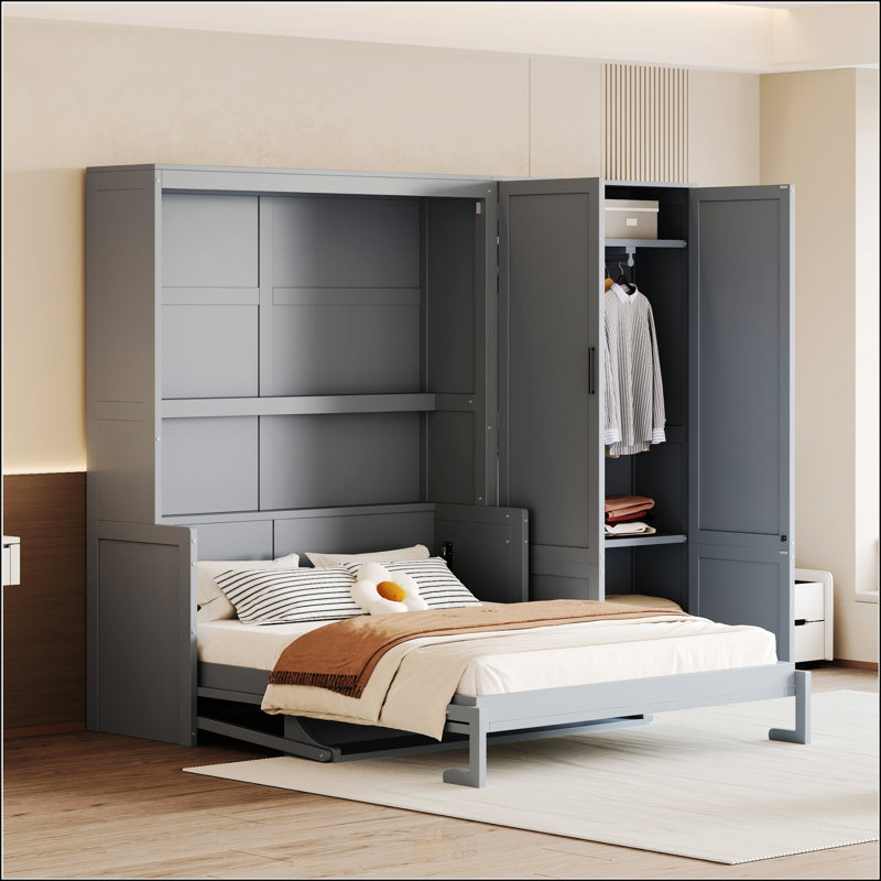 Grand lit escamotable mural avec placard, Gris