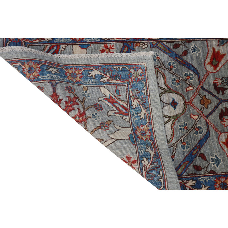 Tapis gris clair et bleu noué à la main de haute qualité