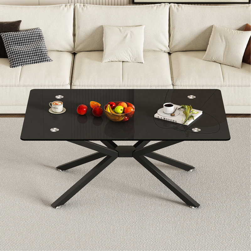 39.37" Rectangle Black Glass Coffee Table,Stylish Design With  Black Metal Legs, Coffee Table For Living Room, Black/Black