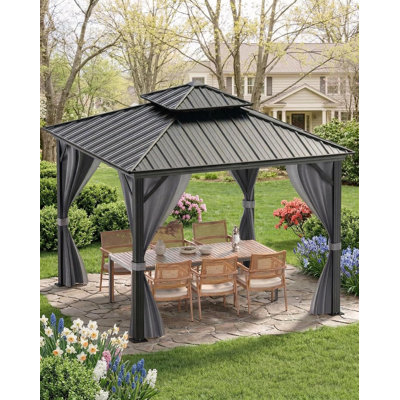 Pavillon de jardin 8 po x 8 pi à toit rigide avec double toit en fer, pavillon extérieur imperméable en métal avec rideaux et filet