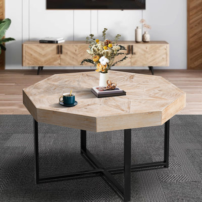 Table basse octogonale en bois de style rétro, 30 pouces, pieds croisés en métal, installation simple, ambiance de salon, entretien