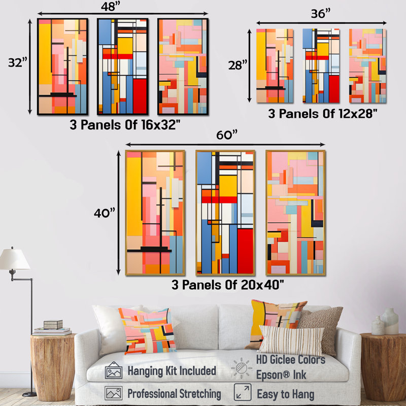 De Stijl, ensemble de 3 reproductions d'art sur toile pastel, Cadre flottant blanc, H 40 po x l 60 po