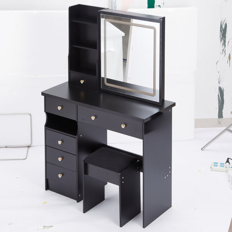 Left Drawer 37" Desktop Vanity Table And Cushioned Stool, Large Sliding Mirror With Touch - Controlled Tri Color Led Brightness Adjustment For Big Spaces Middle Size 37 Inch Drawer, Based High