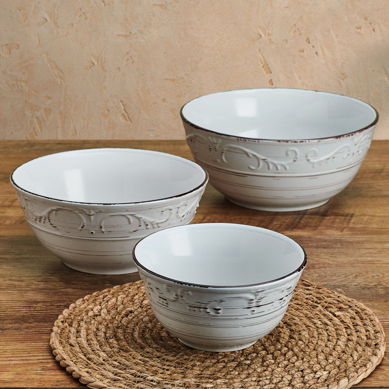White Ceramic Rustic Patterned Serving Bowl Set of 3