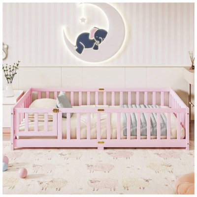 Twin Size Floor Bed with Fence and Door,Rubber Wood Floor Bed with Safety Guardrails,Pink