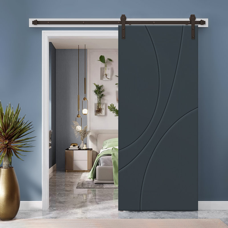 Porte de grange à panneaux et en bois avec quincaillerie d'installation, 24 po x 80 po, Gris anthracite, Bronze huilé