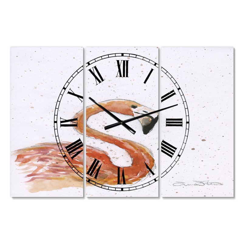 Très grande horloge murale 3 panneaux flamant rose peint à la main
