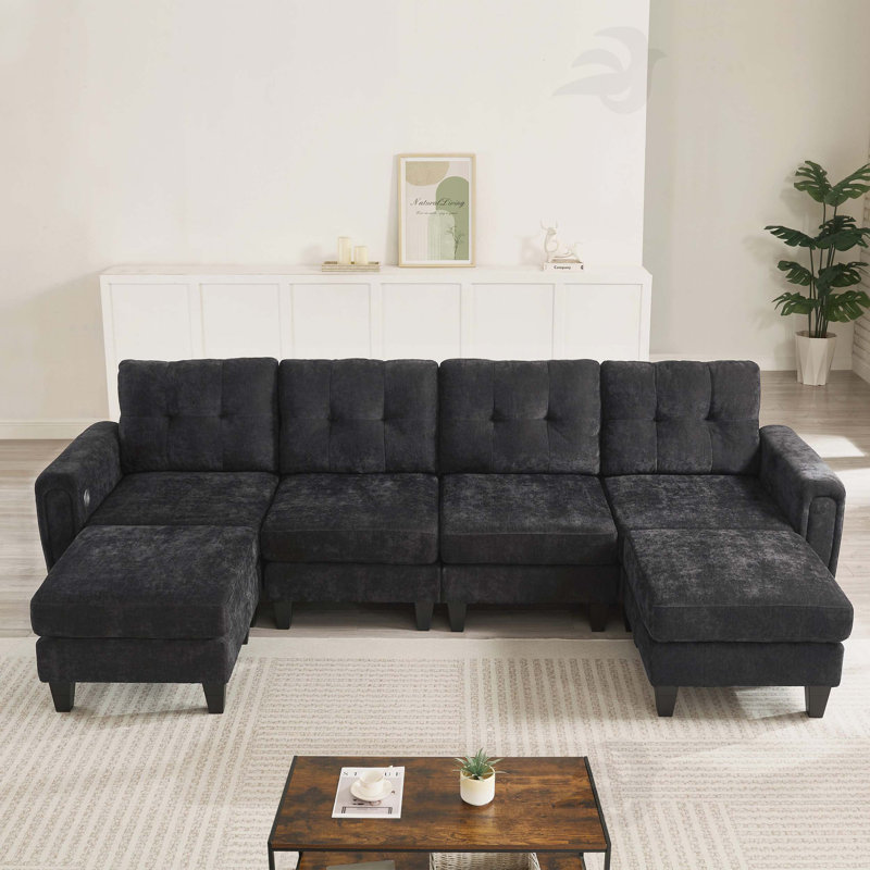 Canapé modulaire moderne en U de 115 po avec deux repose-pieds mobiles, ports USB et tables d'appoint pour le salon, noir