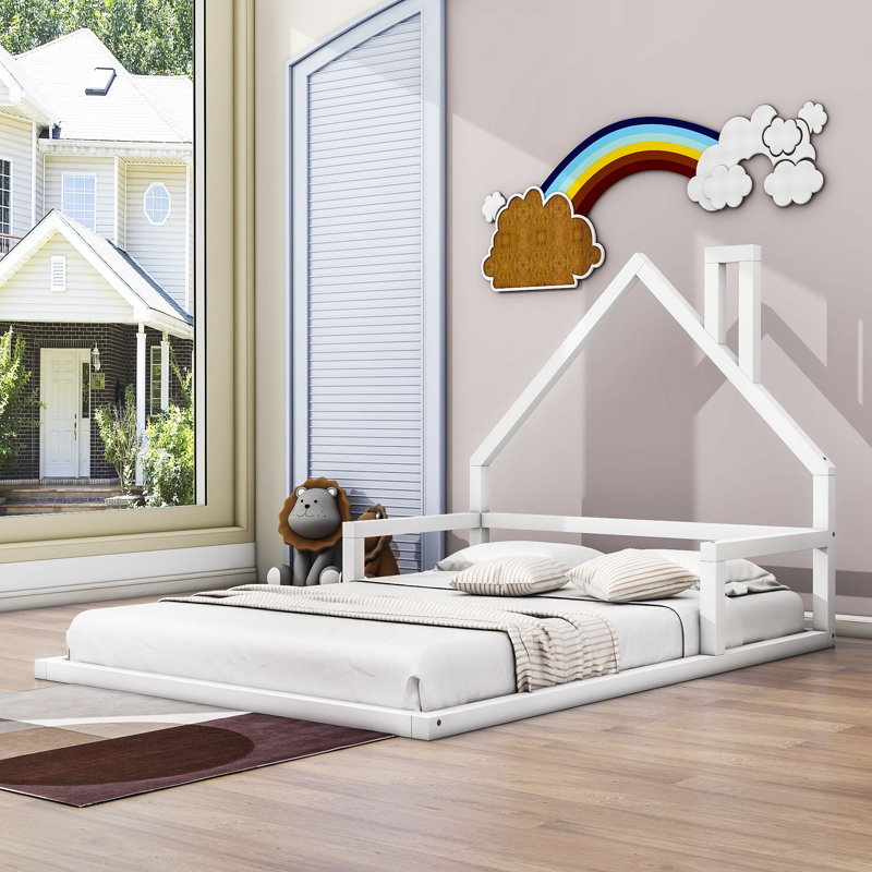 Lit plateforme double en bois avec toit amovible, Blanc