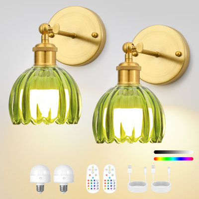 Battery Operated Tulip Wall Sconce Set Of 2 With Remote & Bulb, Dimmable Wireless Rechargeable Wall Lights (3 Color Temp & 12 Rgb) For Bedroom Living Room Hallway