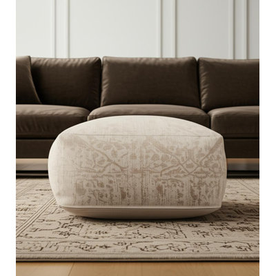 36" Beige and Cream Chenille Damask Pouf Ottoman