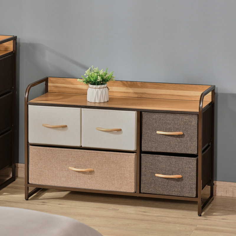 Commode 5 tiroirs en tissu avec commode en acier avec plateau en bois d'érable pour chambre et vestibule