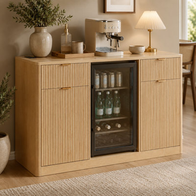 59" Coffee Bar Cabinet with Mini Fridge Space, Tilt-Out Trash Cabinet, Power Outlet, Wine Glass Rack and Fluted Storage for Dining Room