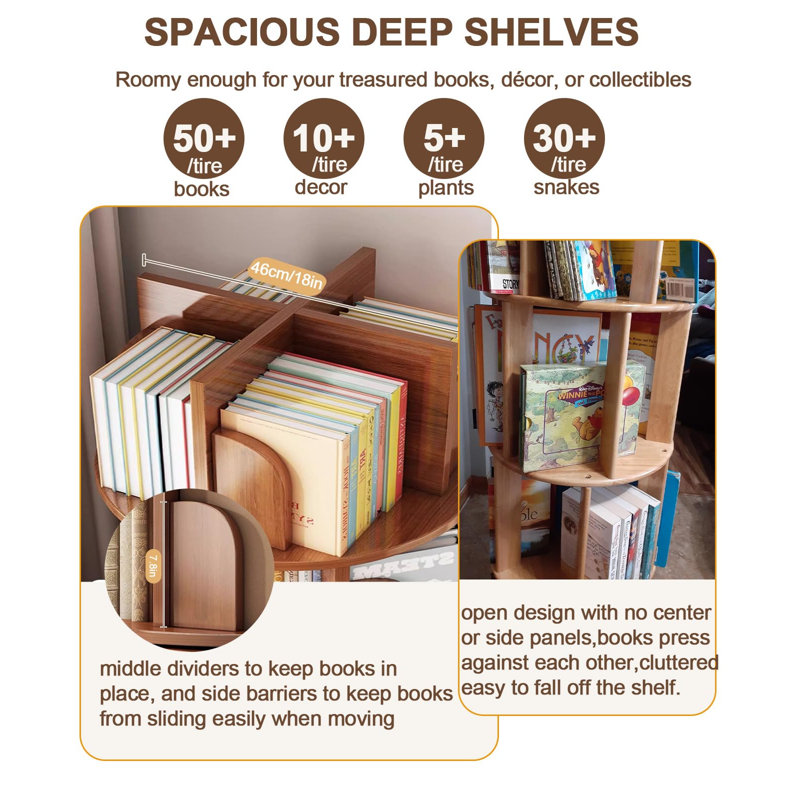 6-Tier Rotating Bookshelf, Corner Book Shelf Bookcase with Wheels, 360° Spinning Storage Rack for Small Spaces, Narrow Shelves Wood Tower Organizer for Bedroom Living Room Study, Walnut Brown