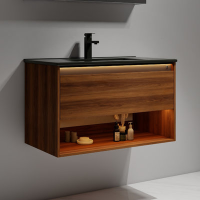 Khaleia 36 Inch Floating Bathroom Vanity with Sink – Wall-Mounted Wood Cabinet with Ceramic Basin, LED Lighting, Soft-Close Storage & Modern Design