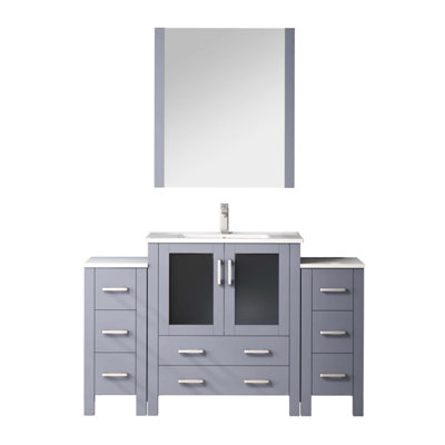 Gris foncé 54 po Meuble-lavabo avec armoires latérales, comptoir en céramique blanche, robinet et miroir 28 po