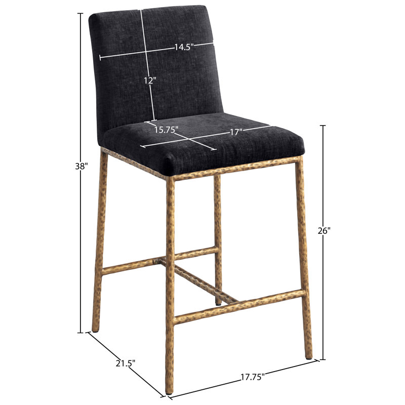 Tabouret de comptoir rembourré Reeves, Tissu chenille noir, Or brossé