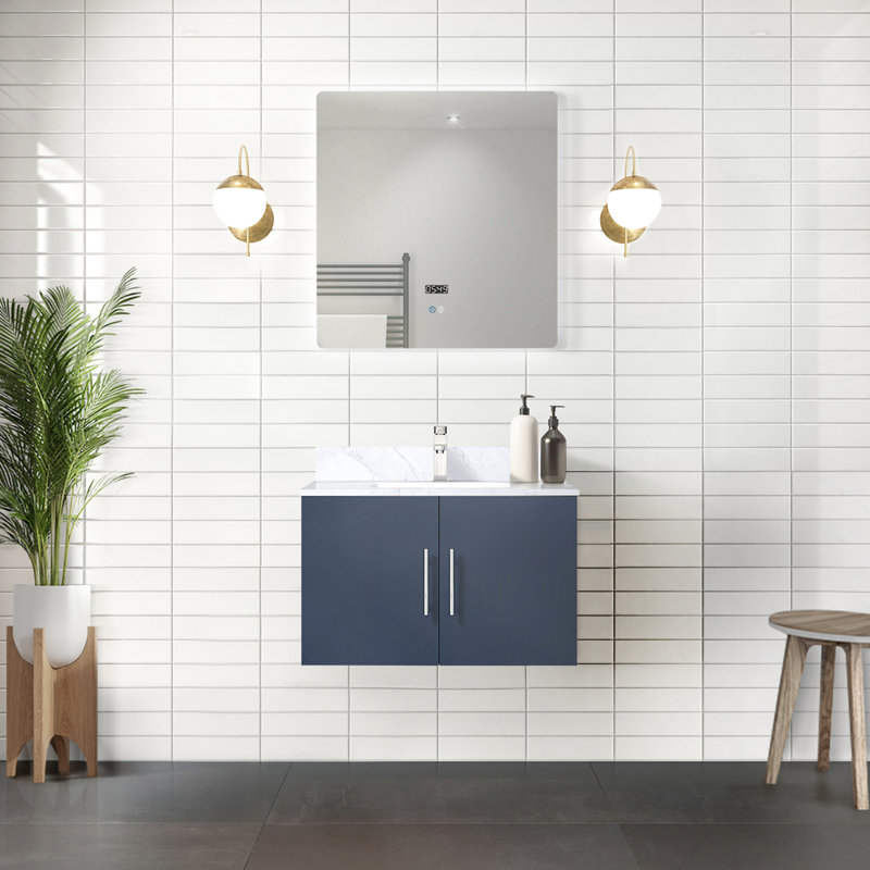 Bleu marine 30 po Meuble-lavabo X 22, surface en marbre, robinet inclus, miroir à DEL - meuble-lavabo avec plateau résistant aux égratignures et aux taches