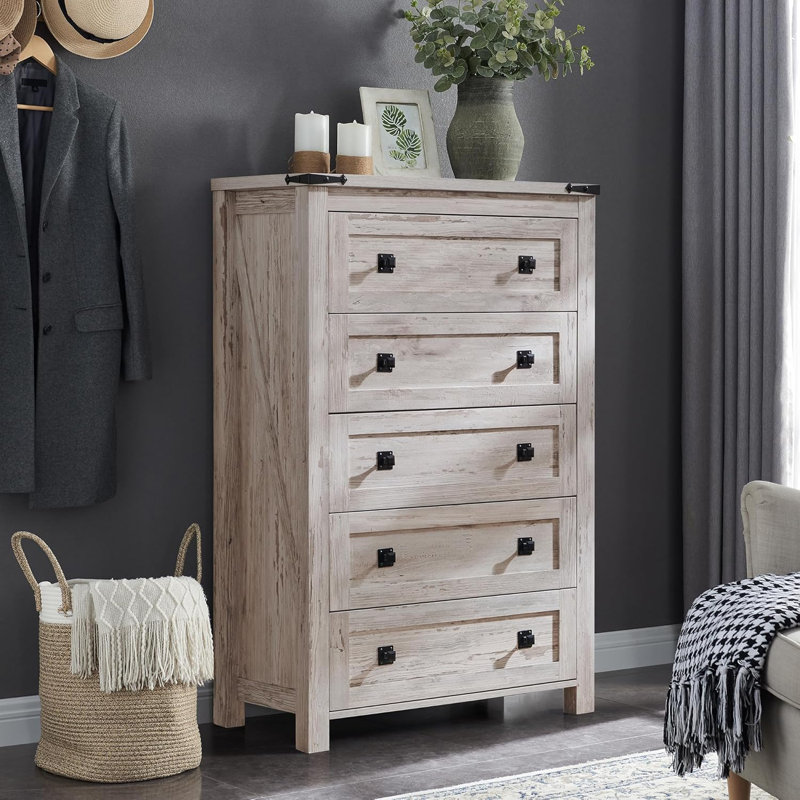 Grantville Farmhouse 5 - Drawers Dresser Organizer, Rustic Tall Chest of Drawers for Bedroom, Antique Brush White