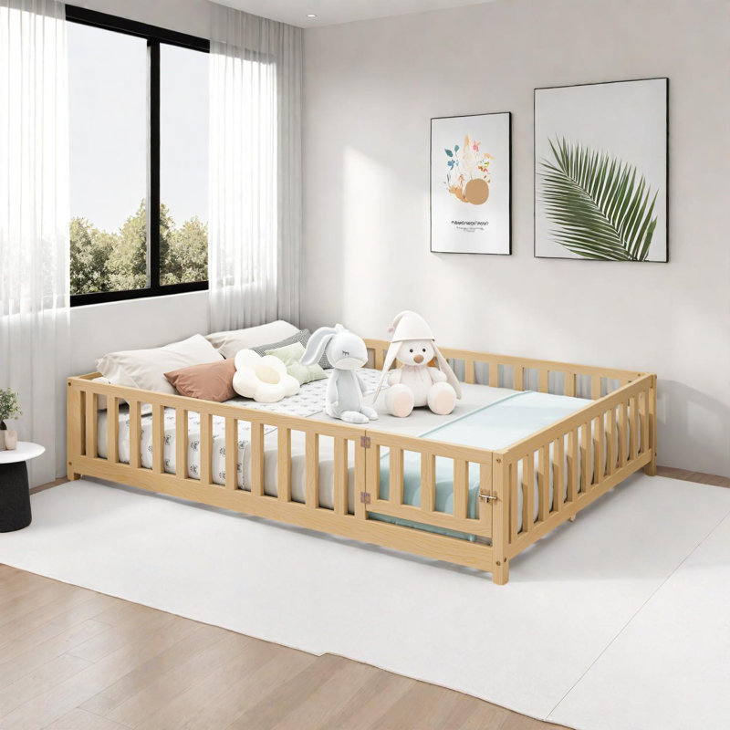 Full Size Floor Platform Bed with Fence and Door for Kids Montessori Bed, Natural