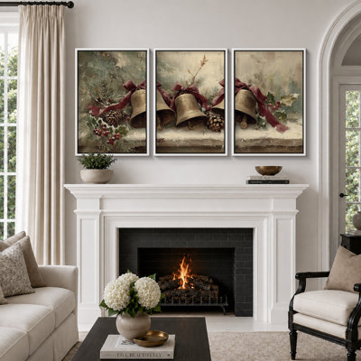 " Vintage Christmas Bells Artwork, Living Room Pictures, Framed Canvas Giclee Print 3 Pieces Wall Art - 16"x24"x3pcs, 24"x36"x3pcs "