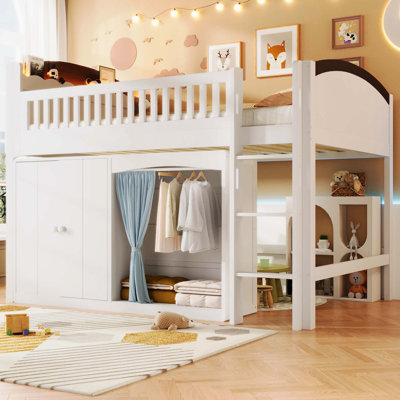 Lit mezzanine double avec armoire de rangement spacieuse, garde-robe encastrée et lumières DEL modernes, combinaison blanche et espresso