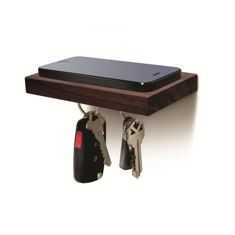 Solid Wood Wall Organizer with Key Hooks, Black Walnut
