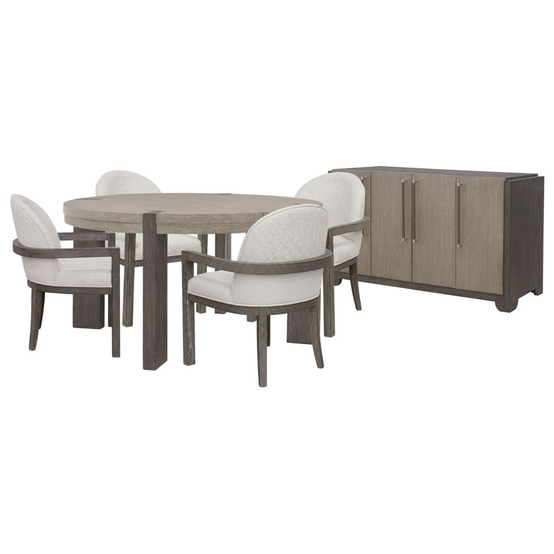 Inzillo Round Dining Table With 4 Upholstered Host Chairs And Sideboard, 6Pcs:Table,4ArmChairs,Sideboard
