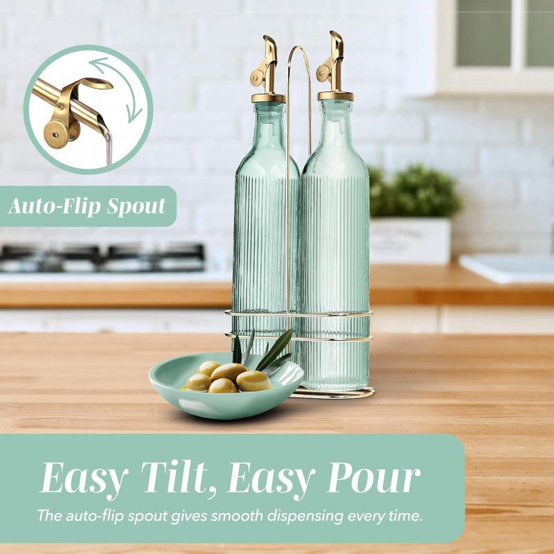 Ensemble de 2 distributeurs d'huile en verre coloré 17 oz avec support doré - Bouteilles d'huile et de vinaigre anti-goutte