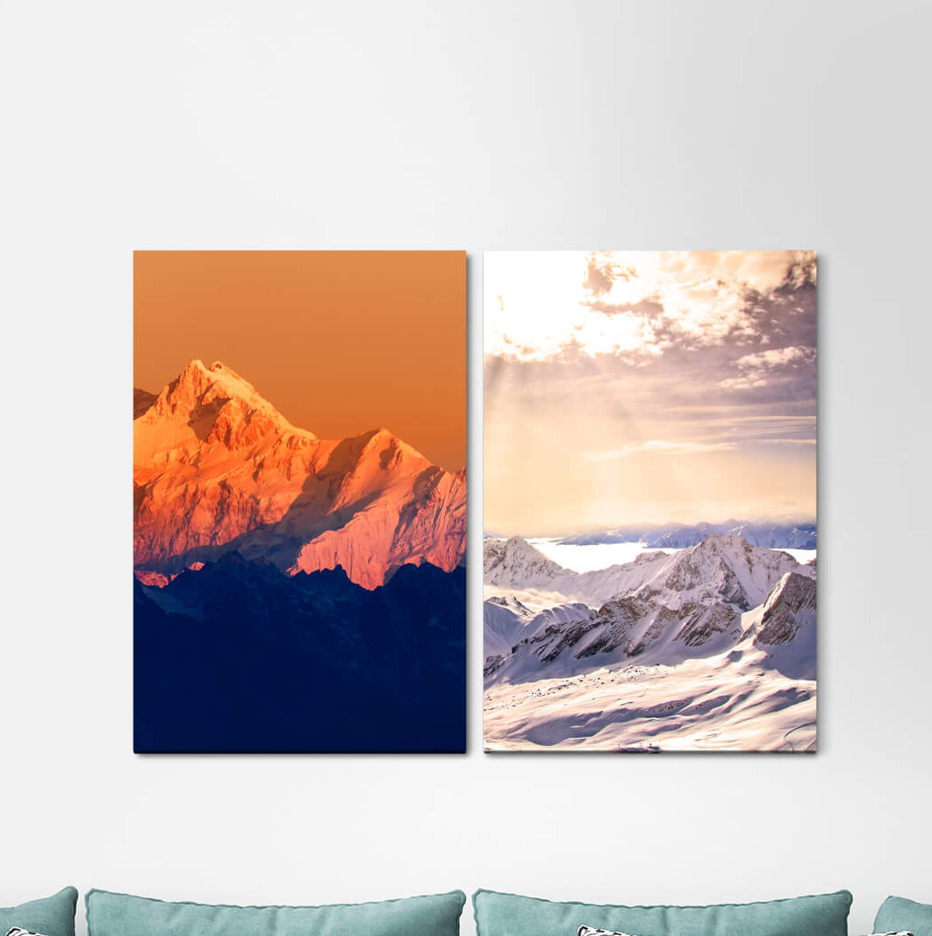 2-tlg. Leinwandbilder-Set - Fotografie "Berge-Sonne-Wasser-Tropfen harmonischer roter Himmel-Natur"