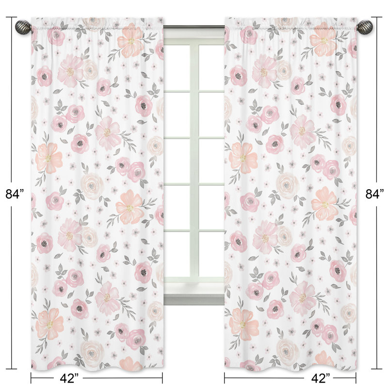White and Pink Floral Polyester Kids Window Curtain Panels