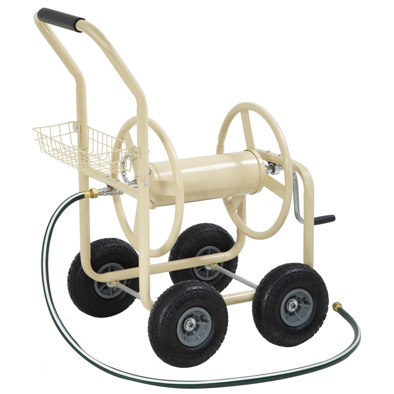 Chariot en acier robuste avec enrouleur de boyau d'arrosage de capacité de 300 pieds pour tuyaux 5/8 po, Brun clair