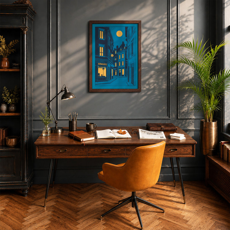 Moonlit Urban Street Modern - Print, A2 - 59.4 x 42.0 cm, Walnut