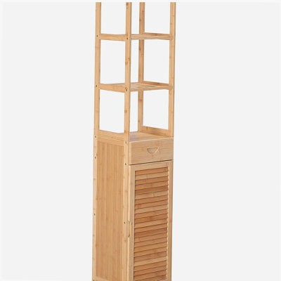 Armoire de salle de bain haute avec tiroir et tablettes à lattes, tour en lin de bambou mince avec porte à persiennes