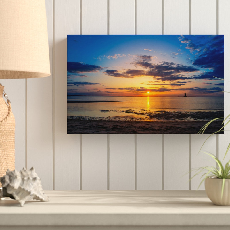 « coucher de soleil breakwater phare », reproduction de photo sur toile tendue, H 16 po x l 24 po x P 2 po