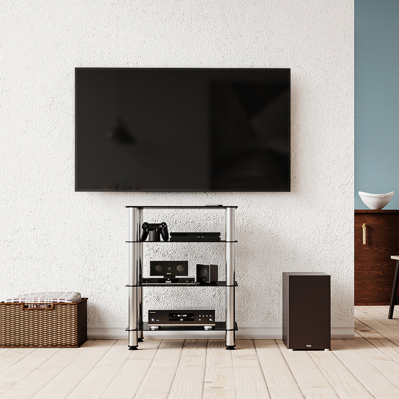 Modern Audio Cabinet With 4 Tier Glass Shelf, Grey