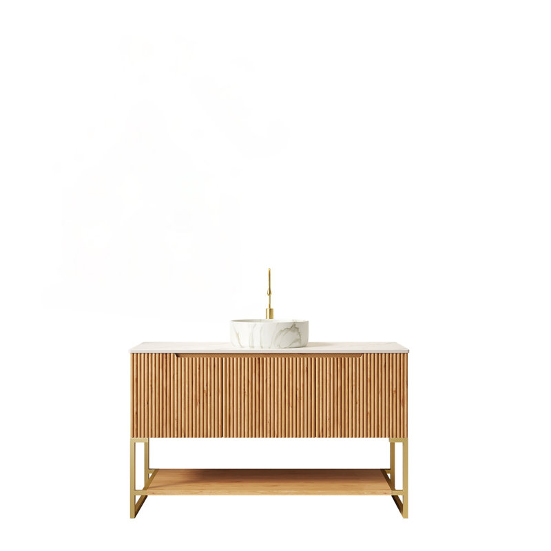 Meuble-lavabo de 48 po avec lavabo, armoire de rangement autoportante, vasque en céramique blanche et comptoir en pierre frittée, finition grain de bois