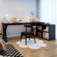 Bureau tout en bois noir en forme de L avec armoires ouvertes-186531046