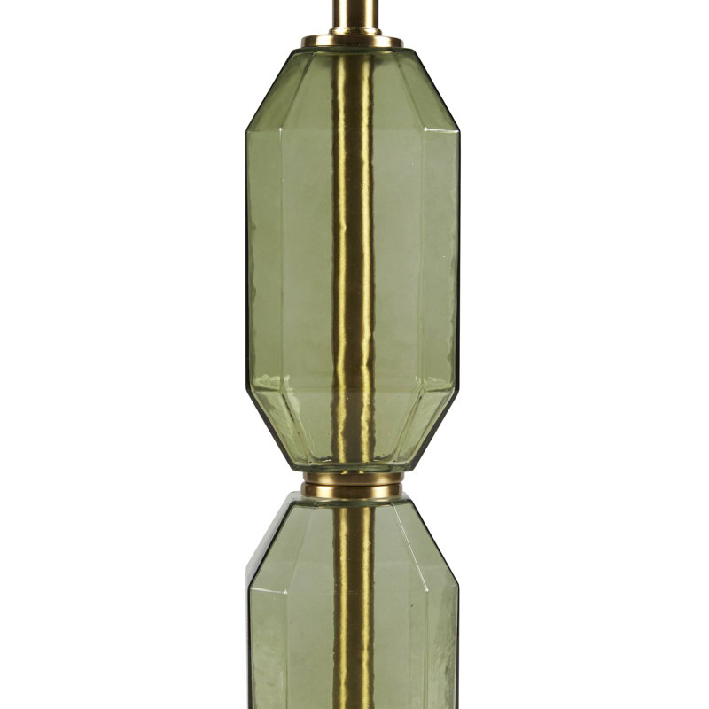 Green Faceted Glass Table Lamp with White Shade and Gold Base