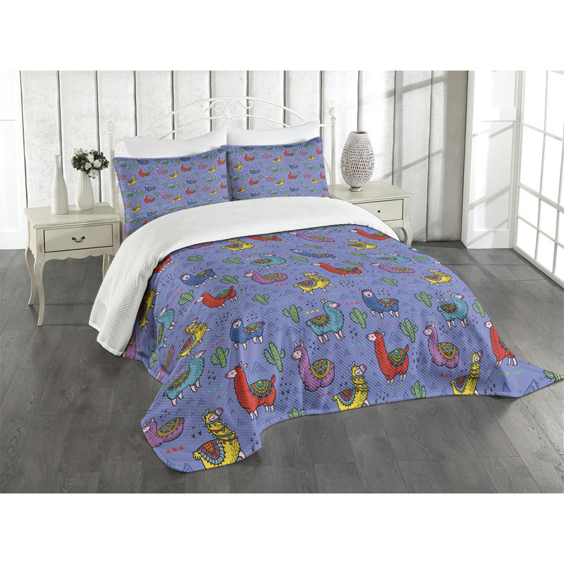 Ambesonne Llama Bedspread Set Cartoon Animal Triangles Multicolor, King Bedspread + 2 Standard Shams