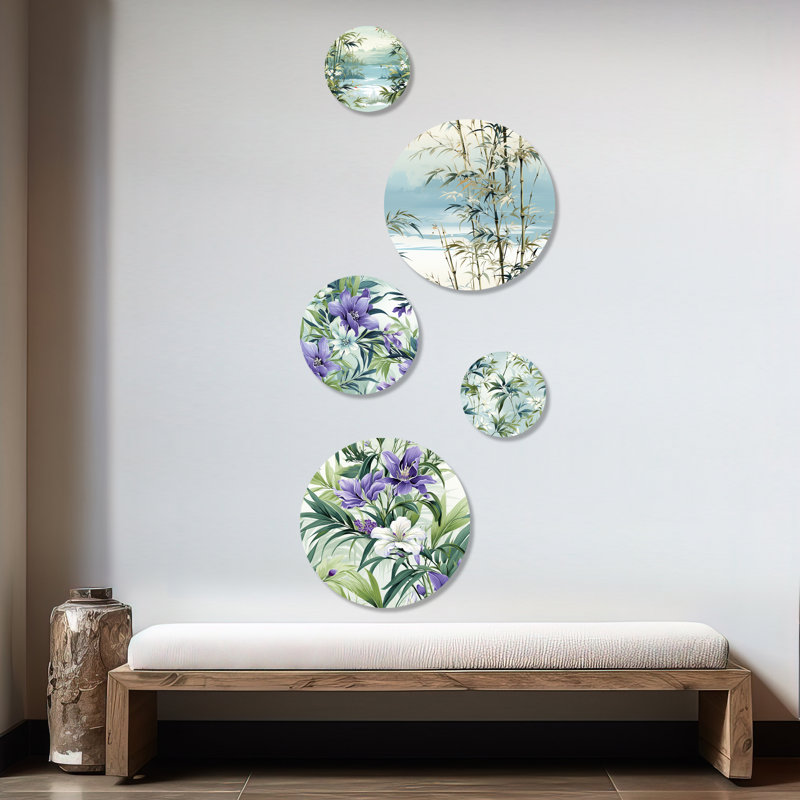 Green and Purple Floral Metal Wall Art Set of 5