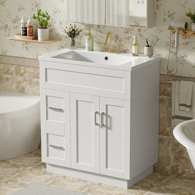 Bathroom Vanity with 2 Doors, 2 Drawers, Adjustable Shelf, Hidden Damping Slides for Drawers & Damping Hinges for Doors