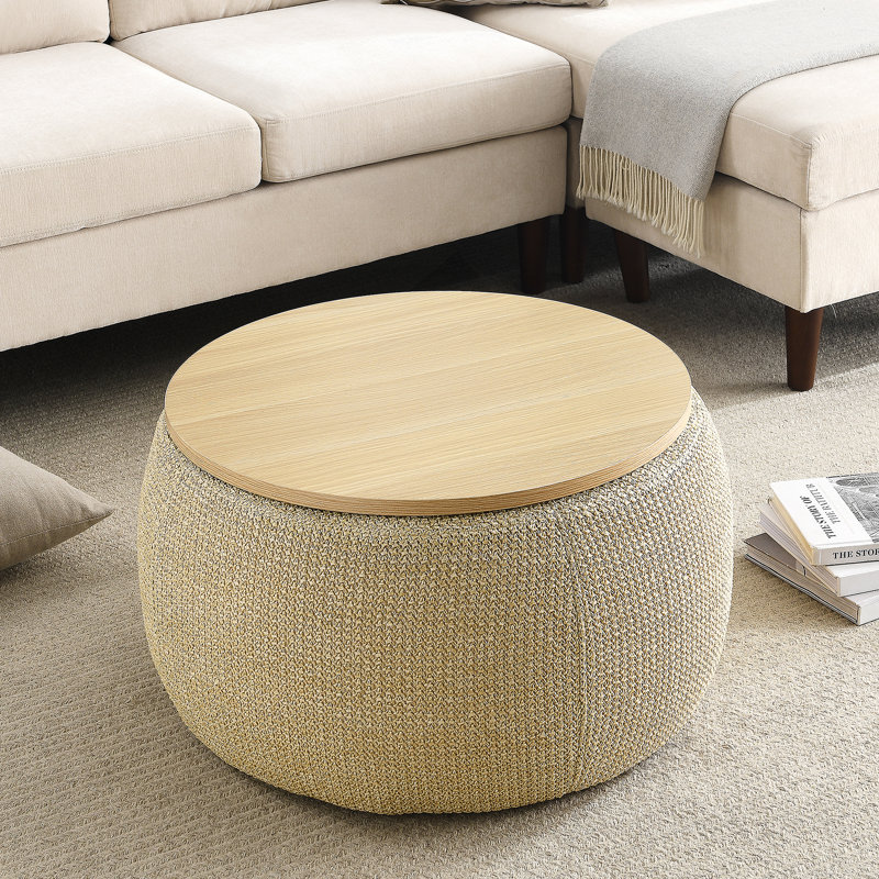 Repose-pieds rond avec rangement, fonction 2 en 1, table de bout avec repose-pieds, Naturel