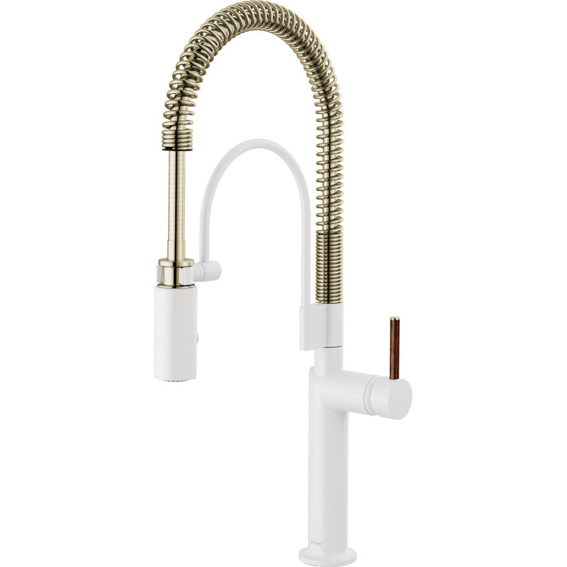 Jason Wu Semi-Professional Kitchen Faucet, Matte White / Polished Nickel, Wood Lever Handle