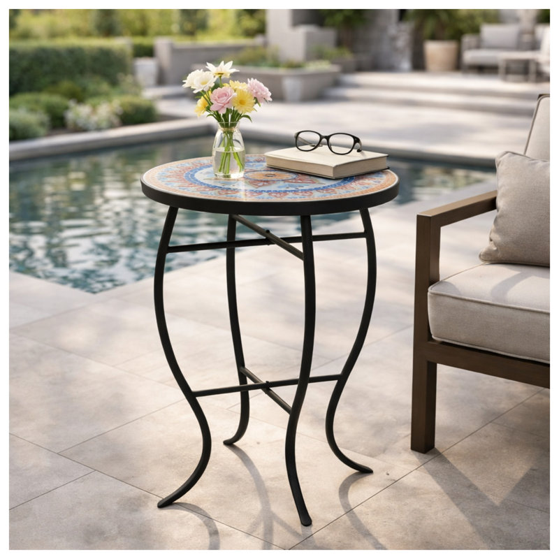 Table d'appoint d'extérieur ronde en mosaïque avec plateau en céramique et base en fer, rouge et noir