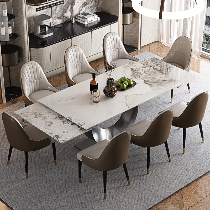 Ensemble de table de salle à manger extensible en fritté de 94,5 po avec 8 chaises en similicuir, ensemble de salle à manger de luxe moderne 9 pièces avec base en U en acier inoxydable