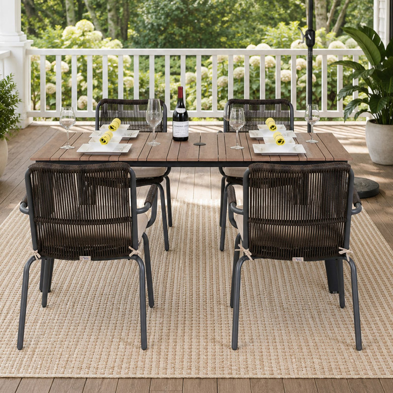 Ensemble repas de patio en osier 5 pièces avec table rectangulaire Burien, H 28,74 po x l 62,21 po x P 37,4 po, 4